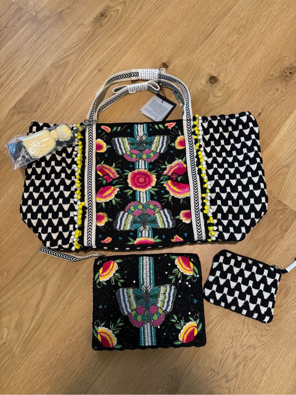 America & Beyond Midnight Butterflies Black and White Embellished Tote Bag Set